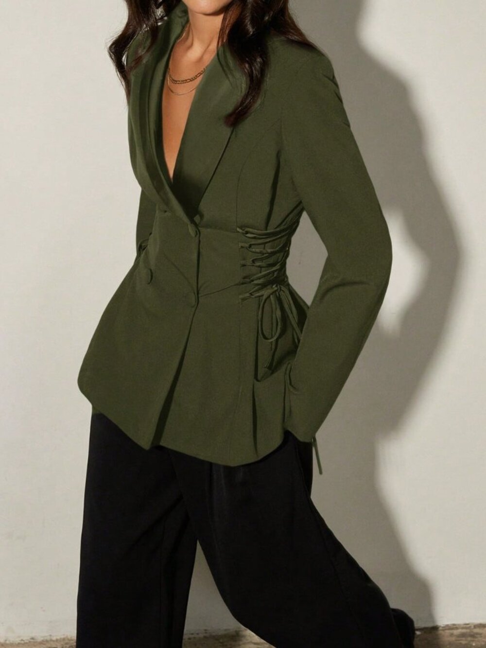 Army Green Elegant Women's Patchwork Lace-Up Blazer